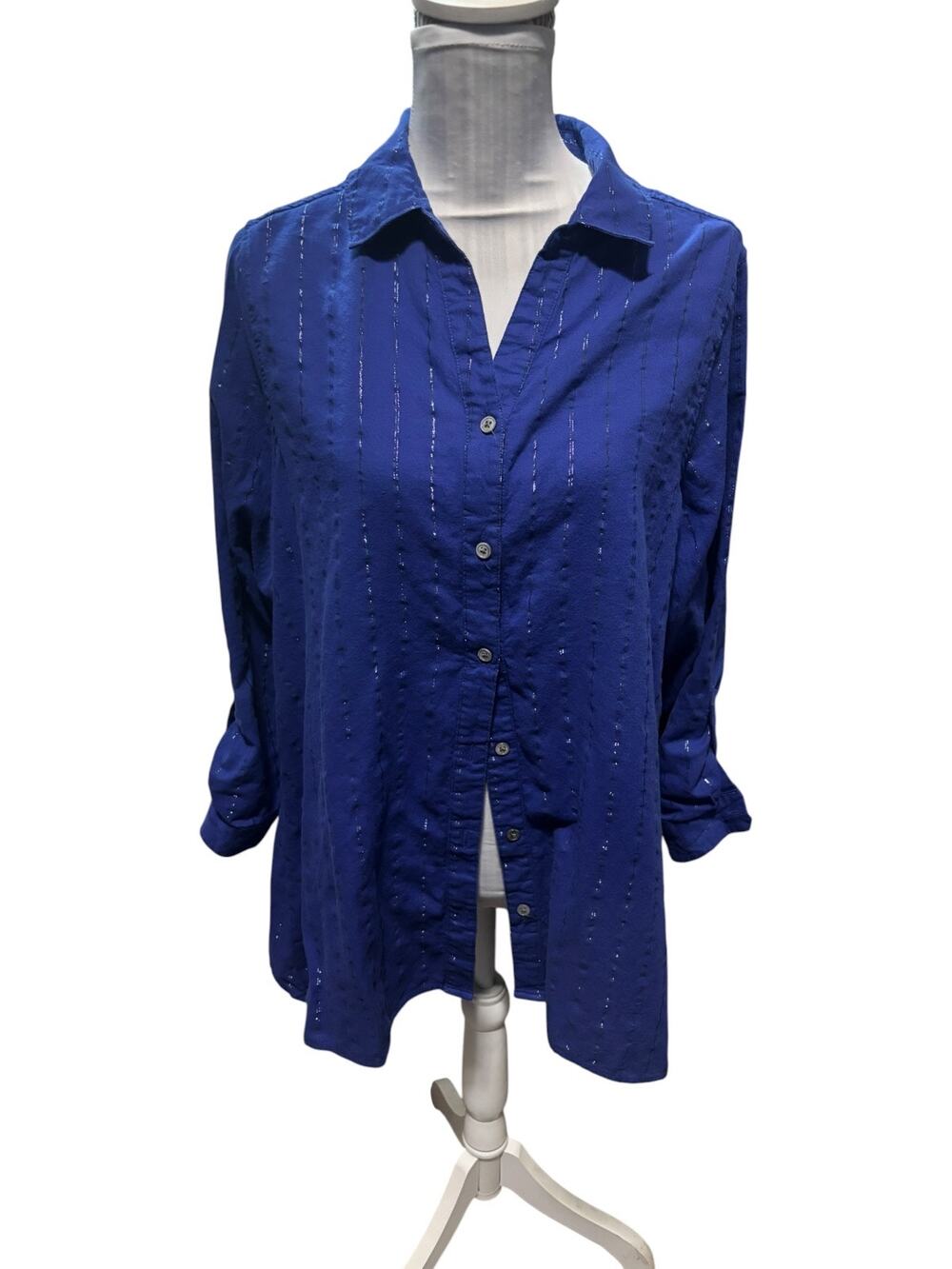 Lord & Taylor Woman Blue Button Down Metallic Stripes Size 1X